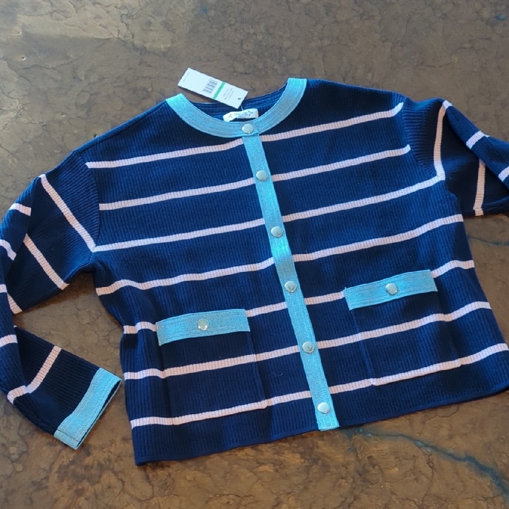 SOLD - Striped Blue and White Cardigan